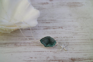 Blue Geode Druzy Agate Silver Necklace with Starfish Charm