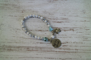 White Howlite gemstone and Larimar nugget beaded bracelet with silver 'life's a beach' and turtle charm