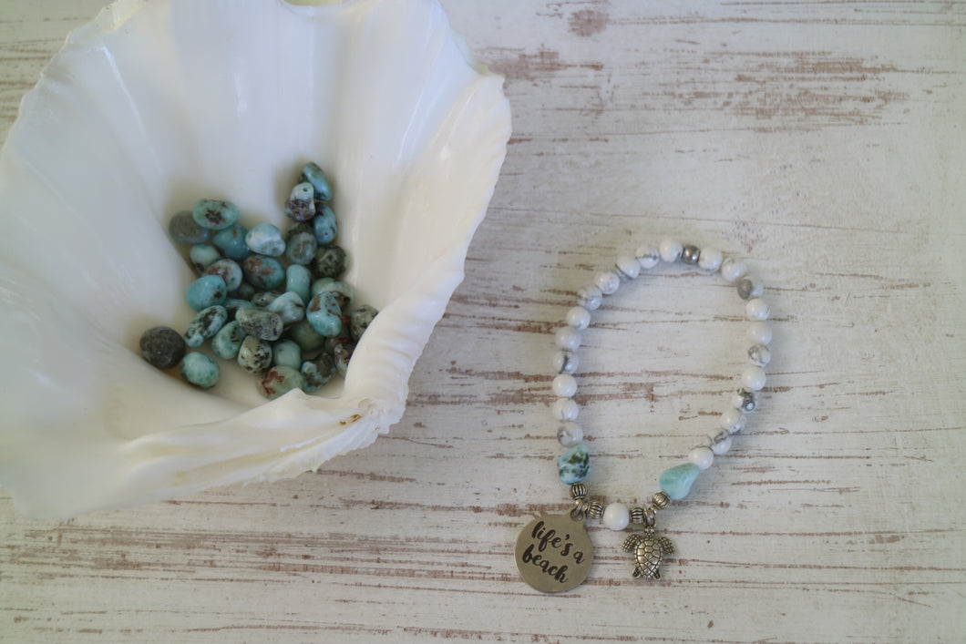 White Howlite gemstone and Larimar nugget beaded bracelet with silver 'life's a beach' and turtle charm