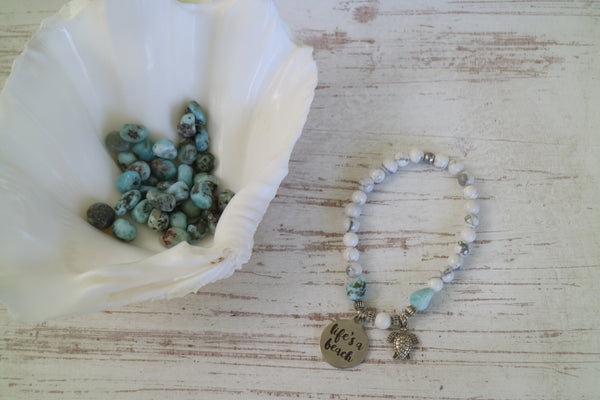Load image into Gallery viewer, White Howlite gemstone and Larimar nugget beaded bracelet with silver &#39;life&#39;s a beach&#39; and turtle charm
