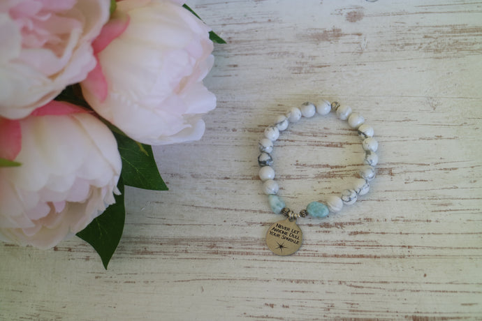 White howlite and Larimar nugget beaded bracelet with silver 'never let anyone dull your sparkle' charm