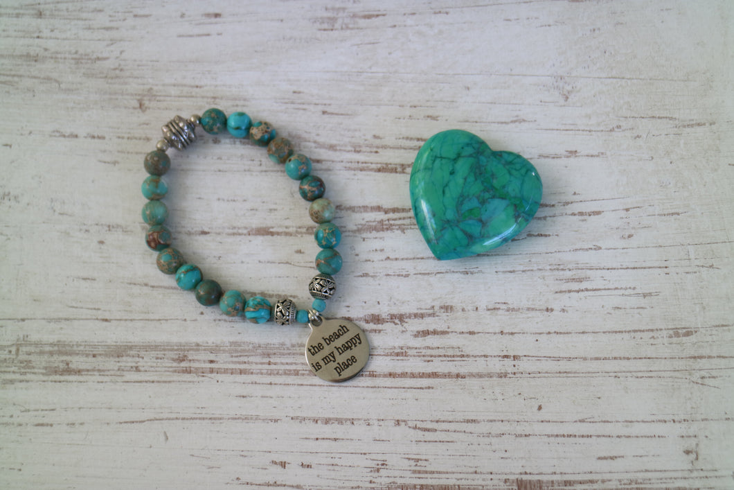 Blue Sea Sediment Jasper beaded bracelet with silver 'the beach is my happy place' charm