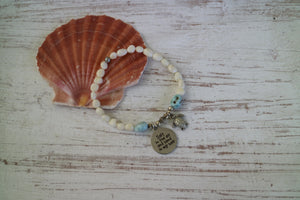 White shell beaded bracelet with Larimar nugget beads with silver 'salt in the air and sand in my hair' and turtle charm