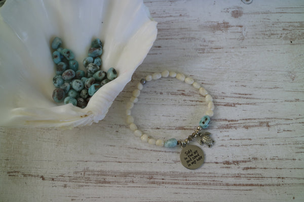 Load image into Gallery viewer, White shell beaded bracelet with Larimar nugget beads with silver &#39;salt in the air and sand in my hair&#39; and turtle charm
