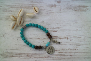 Turquoise gemstone and wood beaded bracelet with silver 'the beach is my happy place' and seahorse charms