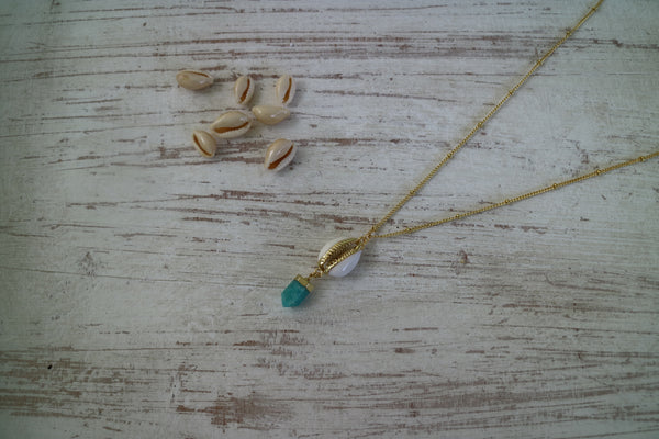 Load image into Gallery viewer, Amazonite Gemstone Gold Necklace with Cowrie Shell
