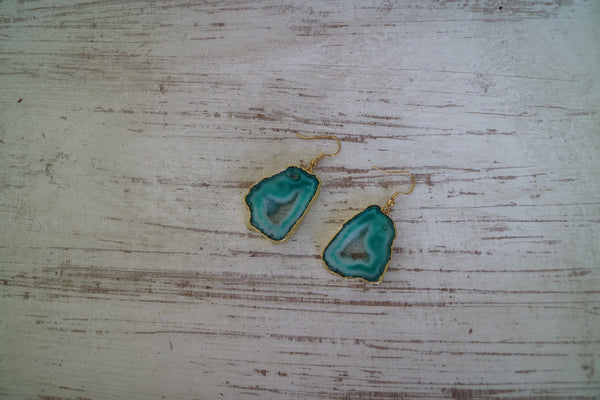 Load image into Gallery viewer, Green geode druzy agate earrings on gold earring hooks
