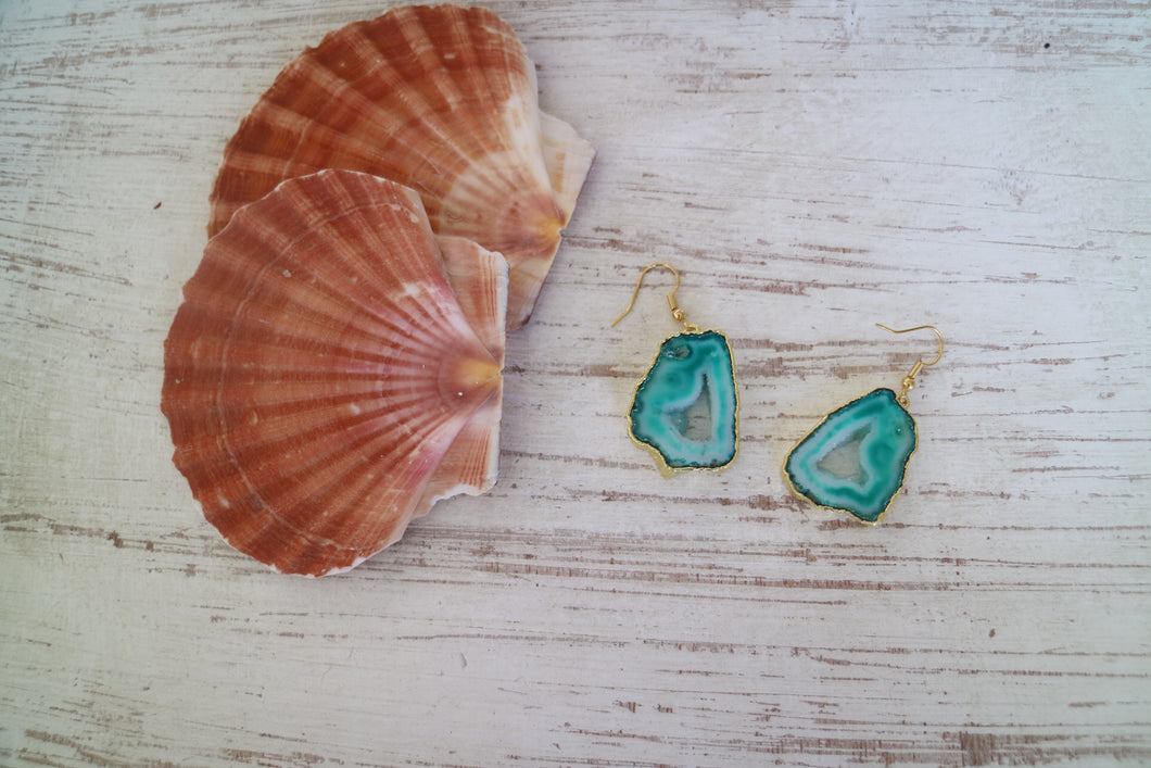 Green geode druzy agate earrings on gold earring hooks