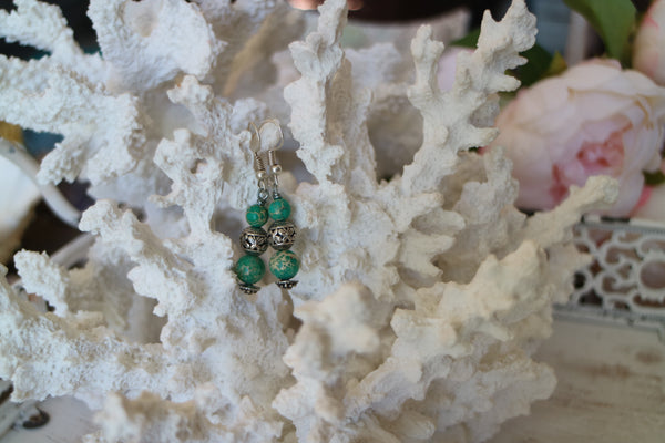 Load image into Gallery viewer, Green sea sediment jasper gemstone bead sterling silver earrings

