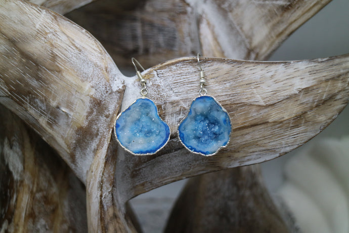 Blue geode druzy agate silver earrings