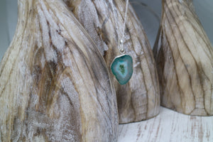 Green Agate Geode Crystal Silver Necklace
