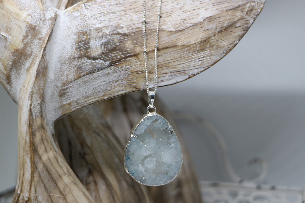 Blue Geode Druzy Crystal Silver Necklace