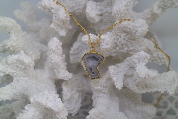 White Geode Druzy Agate Gold Necklace