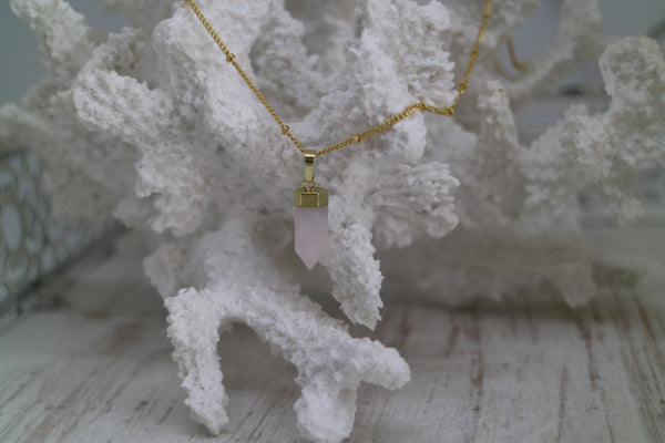 Load image into Gallery viewer, Rose Quartz Crystal Point Gold Necklace
