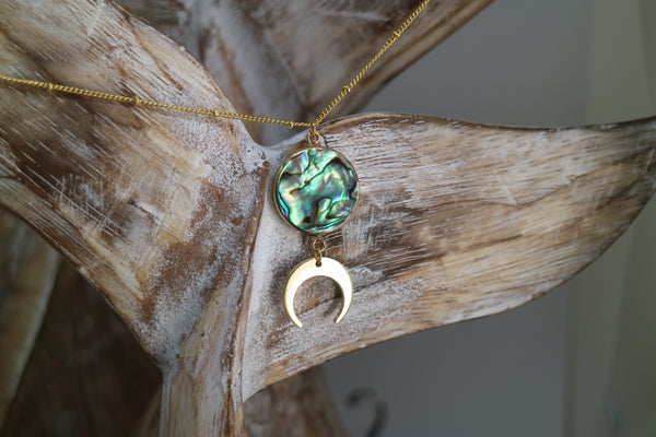 Load image into Gallery viewer, Paua Shell Gold Necklace with Moon Charm
