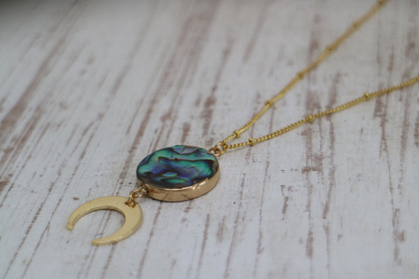 Load image into Gallery viewer, Paua Shell Gold Necklace with Moon Charm
