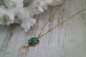 Paua Shell Gold Necklace with Moon Charm