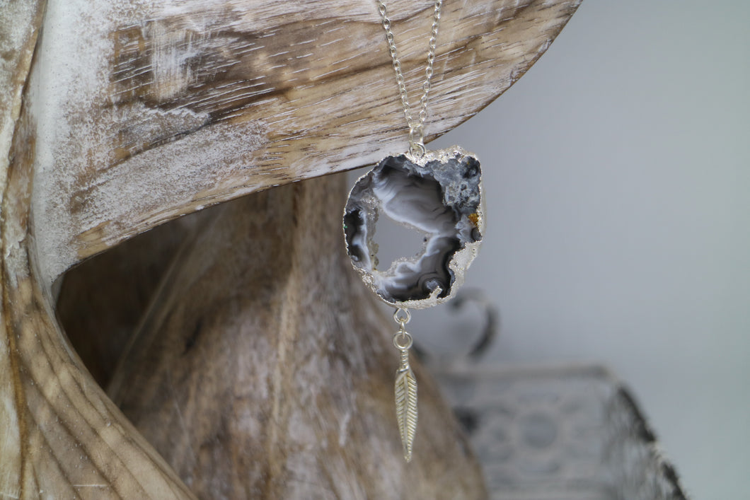 Agate Druzy Silver Necklace with Feather Charm
