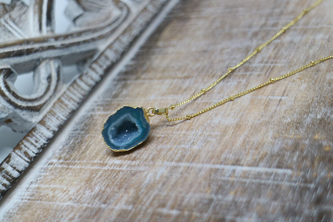 Green Geode Druzy Agate Crystal Gold Necklace