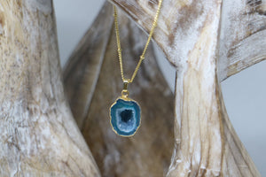 Green Geode Druzy Agate Crystal Gold Necklace