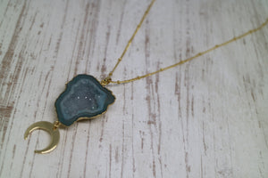 Blue Geode Druzy Agate Crystal Gold Necklace with Moon Charm