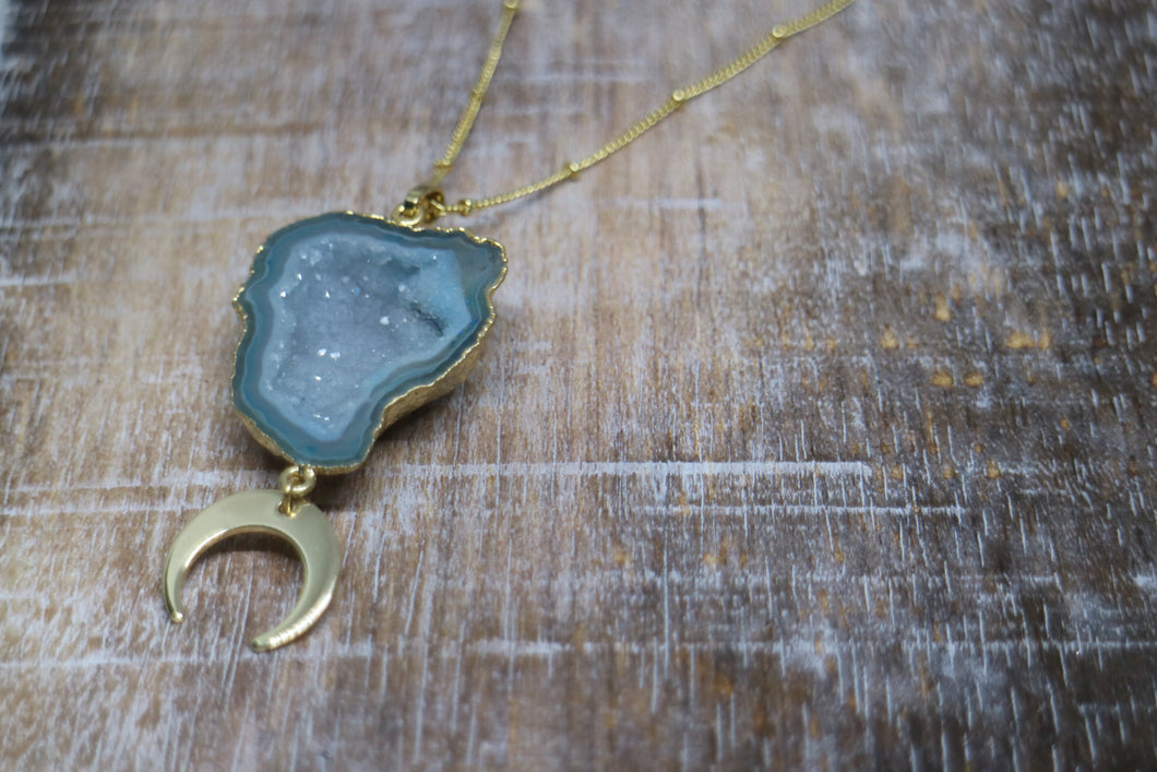 Blue Geode Druzy Agate Crystal Gold Necklace with Moon Charm