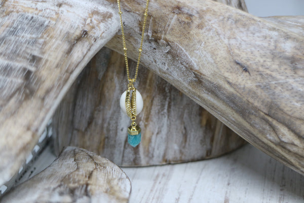 Load image into Gallery viewer, Amazonite Gemstone Gold Necklace with Cowrie Shell
