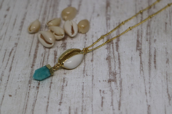 Load image into Gallery viewer, Amazonite Gemstone Gold Necklace with Cowrie Shell
