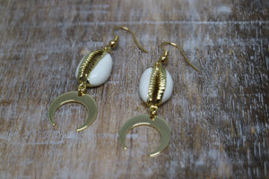 White cowrie sea shell gold earrings with gold plated moon charms