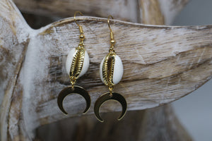 White cowrie sea shell gold earrings with gold plated moon charms