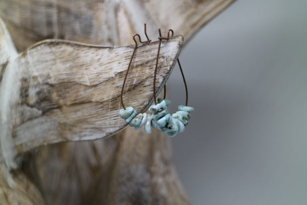 Load image into Gallery viewer, Larimar gemstone chip antique copper earrings
