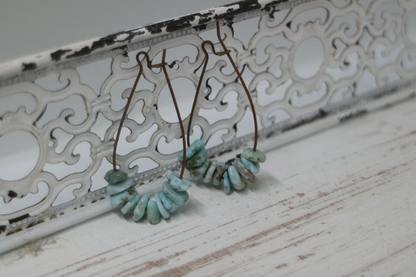 Load image into Gallery viewer, Larimar gemstone chip antique copper earrings
