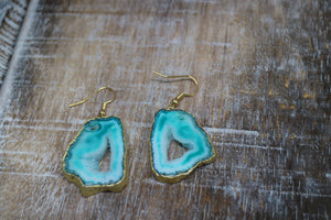 Green geode druzy agate earrings on gold earring hooks