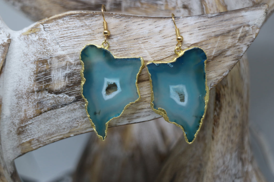 Green geode druzy agate gold earrings