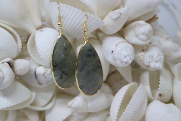 Load image into Gallery viewer, Teardrop Labradorite gemstone gold earrings
