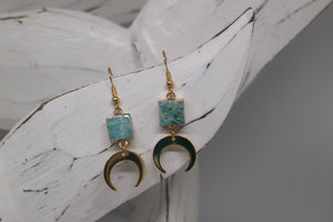 Amazonite gemstone gold earrings with 24k gold plated moon charms
