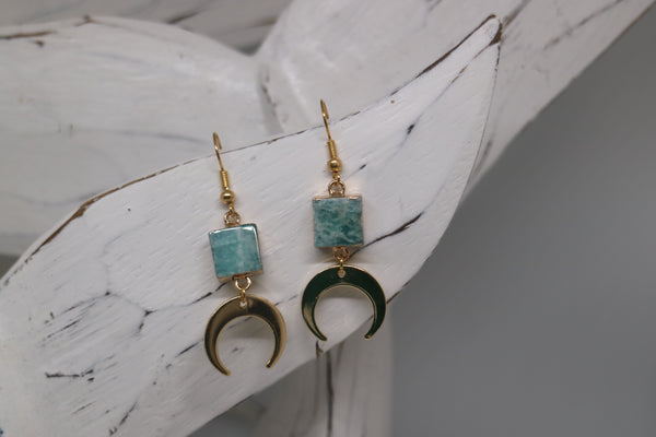 Load image into Gallery viewer, Amazonite gemstone gold earrings with 24k gold plated moon charms
