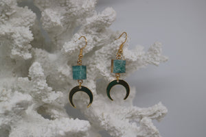 Amazonite gemstone gold earrings with 24k gold plated moon charms