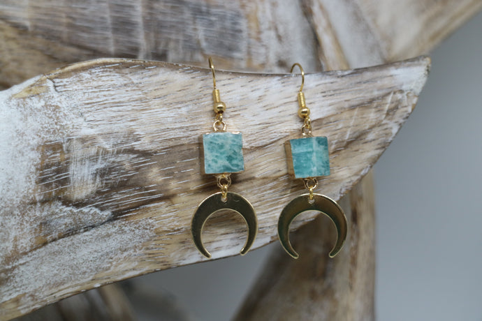 Amazonite gemstone gold earrings with 24k gold plated moon charms