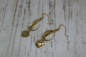 White and gold cowrie sea shell earrings with gold plated charms