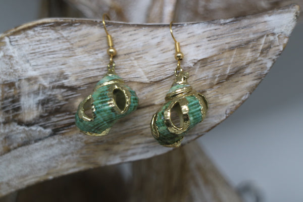Load image into Gallery viewer, Green conch sea shell gold earrings
