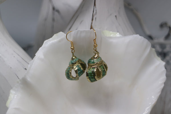 Load image into Gallery viewer, Green conch sea shell gold earrings

