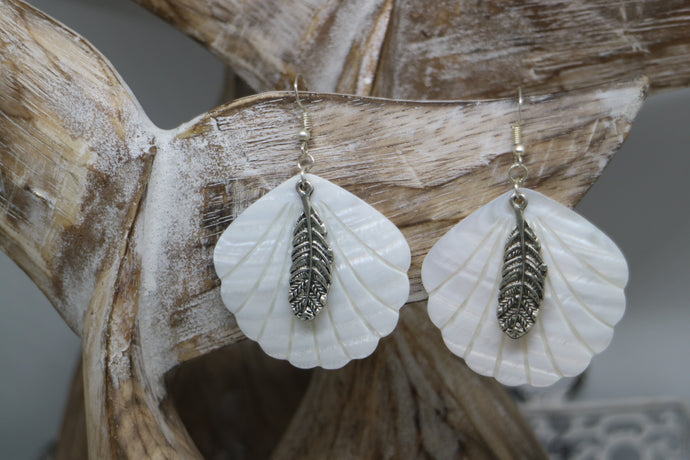White Mother of Pearl Shell silver earrings with silver bohemian feather charms