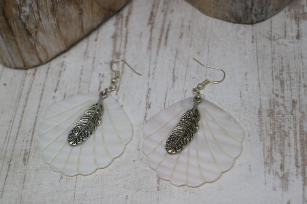 Load image into Gallery viewer, White Mother of Pearl Shell silver earrings with silver bohemian feather charms
