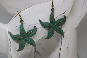 Bronze green patina starfish earrings