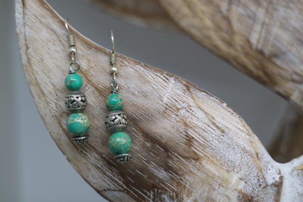 Load image into Gallery viewer, Green sea sediment jasper gemstone bead sterling silver earrings
