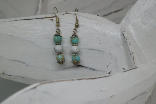 Load image into Gallery viewer, Blue sea sediment jasper and white howlite gemstone bead sterling silver earrings
