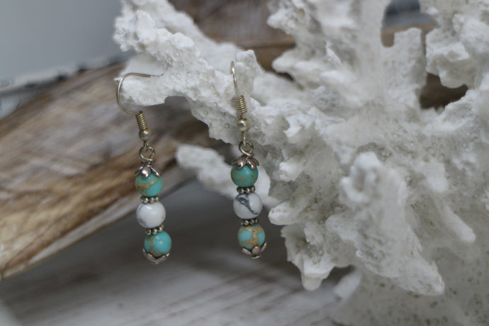 Blue sea sediment jasper and white howlite gemstone bead sterling silver earrings