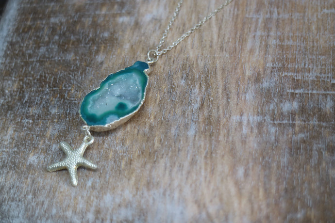 Green Geode Druzy Agate Crystal Silver Necklace with Starfish Charm