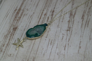 Green Geode Druzy Agate Crystal Silver Necklace with Starfish Charm